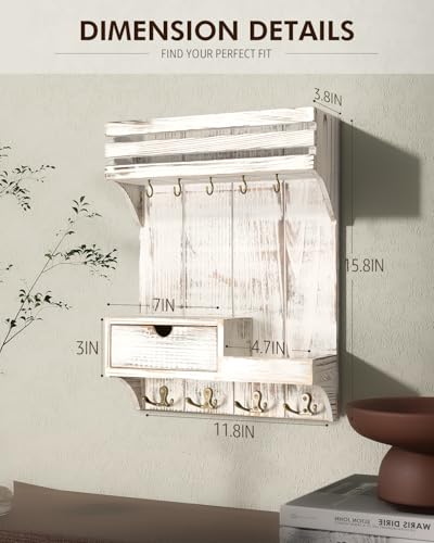Rebee Vision Farmhouse Key Holder Wall Mount with Mini Drawer Organizer - Decorative Mail Organizer with 9 Key Hooks & Shelf - Ideal Apartment Essentials for Home Decor (Whitewash) - color: Whitewash, style: Small Drawer