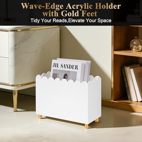 Acrylic Magazine Holder, Magazine Rack Floor,Sleek White Stylish Organizer with Luxe Gold Metal Feet and Wave Edge Design Space Saving Storage for Books Newspapers Office Supplies,Home Office(White) - color: White