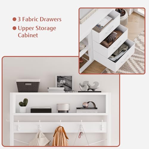 Lulive Hall Tree with Bench and Shoe Storage, 31.5" Coat Rack Freestanding with 2-Tier Storage Shelf, 5-in-1 Entryway Bench Coat Rack with 12 Hooks and 3 Drawers(White) - color: White