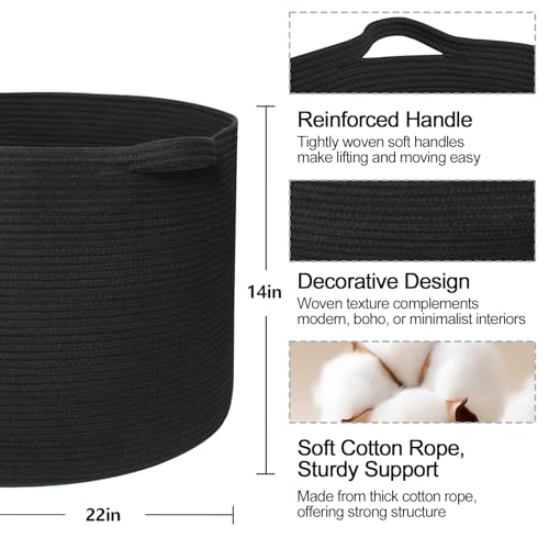 Large Black Blanket Basket, 22"x14" Woven Cotton Rope Baskets for Organizing, Kids Dog Toy Bin Box, Large Wicker Blanket Storage for Living Room, Throw Pillow Holder Organizer, Shoe Towel Bin - color: Black