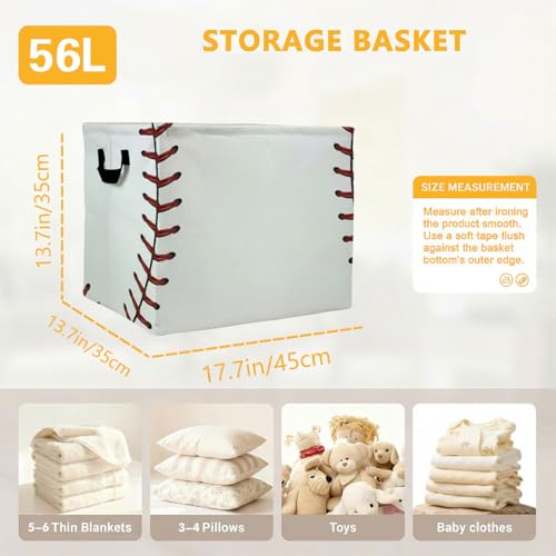 56L Baseball Laundry Basket Clothes Hamper with Handles,Foldable Blanket Storage Large Laundry Hamper with Waterproof PE,Toy Storage Bin Organizer,Cube Clothes Organizer,Home Decor - color: Baseball