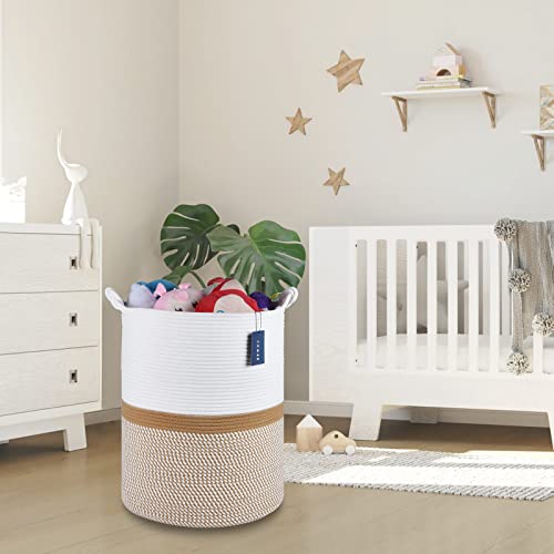 COMSE Extra Large Blanket Basket, Tall Woven Storage Basket, Nursery Hamper, 15.7”x 21.7”, Cotton Rope Laundry Hamper for Toys Clothes Towels, Blend White/Camel - color: Blend White & Camel