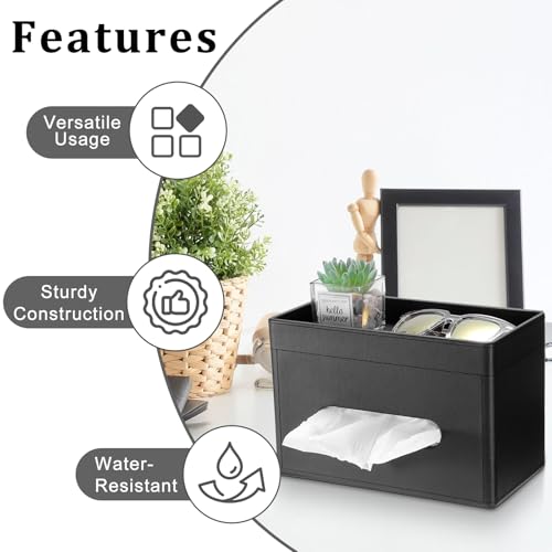 Sumnacon Tissue Box Cover with Storage Tray, Decorative Rectangular Tissue Holder PU Leather Facial Tissues Organizer Stylish Modern Tissue Dispenser for Bathroom Toilet Tank Vanity Dresser Table - color: Black