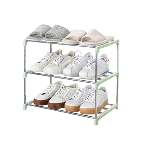 Jucaifu Stackable Small Shoe Rack, Entryway, Hallway and Closet Space Saving Storage and Organization (3-Tier, Green) - color: Green, size: 3-Tier