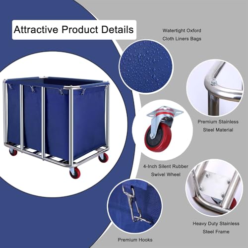 Commercial Laundry Cart with Wheels, 470L Industrial Rolling Laundry Basket, Large Heavy Duty Laundry Sorter with Watertight Oxford Bag & Sturdy Steel Frame for Home, Hotel, Hospital, 440 lbs (Blue) - color: Blue