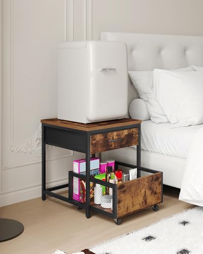 CHOEZON End Table, 19.7 Inch Square Side Table, Mini Fridge Stand with Storage, Nightstand with Mobile Basket Cart, for Living Room, Bedroom, Rustic Brown and Black TBZ55BF - color: Rustic Brown + Black