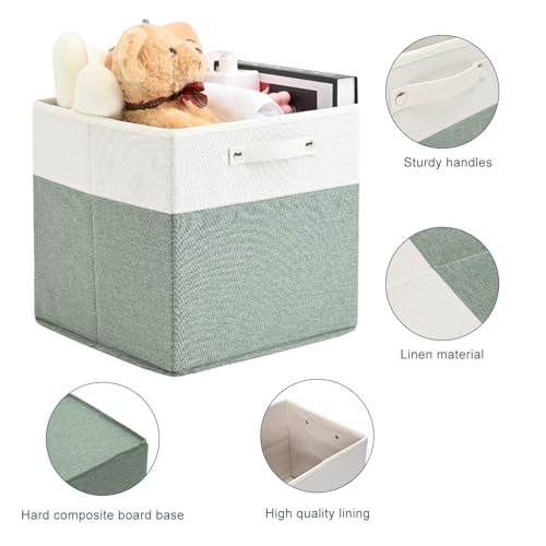 FinishingBo 13 x 13 Inch Fine Linen Storage Bins with Handles，Fabric Cube Boxs，Basket Organizers for Shelves for Home, Closet Drawers (White/Green-4 Pack ) - color: White/Green-4 Pack