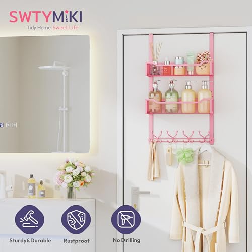 SWTYMIKI Over The Door Hooks Organizer - Multi-Functional Door Hanger with 16 Hooks & 2 Mesh Baskets, Long Coat Rack for Bathroom, Bedroom, Living Room, Home Storage Organizer, Pink - color: Pink