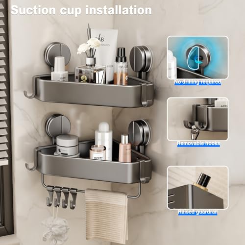 Mustorn Suction Cup Shower Caddy Corner, 1 Pack Suction Corner Shower Shelves No Drilling, Rustproof Shower Organizer Suction Cup with Towel Holder & Hooks Removable Bathroom Storage Rack(Gray) - size: 1 Pack