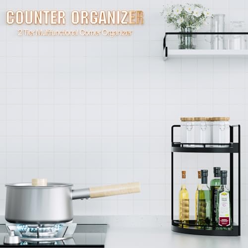 Corner Bathroom Counter Organizer, 2 Tier Wood Vanity Storage, Waterproof Skincare Shelf for Kitchen & Toiletries Decor, Dresser (Black-2 Tier) - color: Black-2 Tier