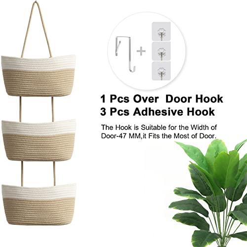 TeoKJ Over the Door Hanging Basket, 3-Tier Woven Cotton Wall-Mounted Storage Organizer Bag Decorative Hanging Nursery Baskets, White & Jute - color: White + Jute