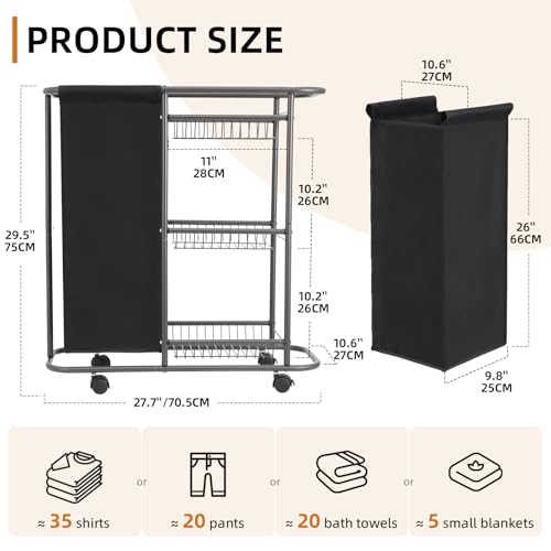 Rolling Laundry Cart with Wheels: 3-Tier Laundry Caddy Between Washer and Dryer - Heavy Duty Wrapping Paper Cart with 45L Bag for Narrow Space Laundry Room Bathroom Bedroom Black - color: Black