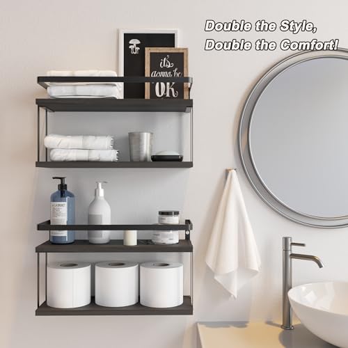 RICHER HOUSE Dual-Level Guardrail Floating Shelves, Rustic Wood Bathroom Shelf Wall Mounted, Over Toilet Paper Storage Shelves for Wall Decor, Bathroom Organizers - Black - color: Black, size: 2 in 1