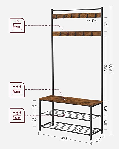 VASAGLE Coat Rack, Hall Tree with Shoe Storage Bench, Entryway Bench with Shoe Storage, 3-in-1, Steel Frame, for Entryway, 12.6 x 33.5 x 68.9 Inches, Industrial, Rustic Brown and Black UHSR401B01 - color: Rustic Brown + Black, size: 33.5"W