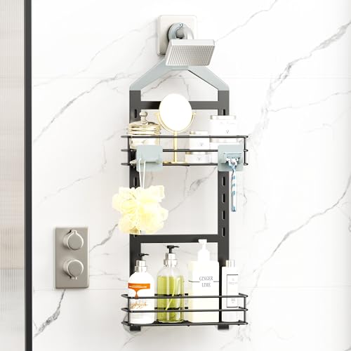 Orimade Adjustable Anti-slip Shower Caddy over Shower Head, Rustproof Bathroom Hanging Shower Organizer with 2 Hooks for Razor, No Drilling Shelves Storage Rack 2 Tier, Grey - color: Grey - 2 Tier