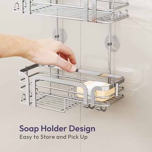 SWTYMIKI Shower Caddy Hanging Organizer - Over the Door Shower Caddy with Soap Holder, 11 Hooks, 2 Installation Ways, Stainless Steel Rustproof Bathroom Organizer, Silver - color: Silver