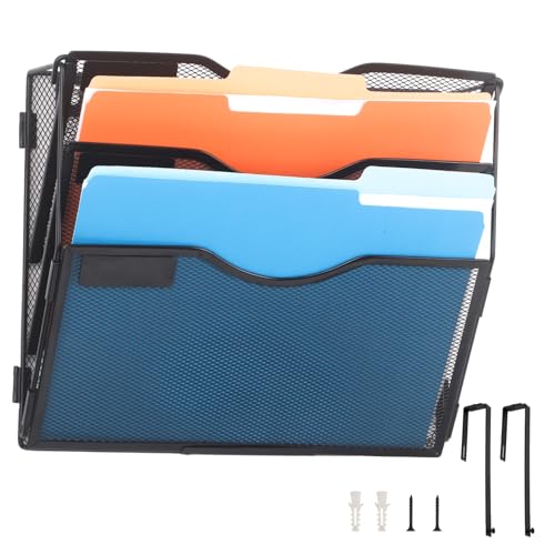 EASEPRES 3 Pocket Mesh Hanging Wall File Organizer with Hangers & Nametag Label, Wall Mounted Mail Paper Document Folder Holder, Clipboard Storage Organization Magazine Rack for Office Cubicle, Black - color: Black, size: 3 Tier & Hangers