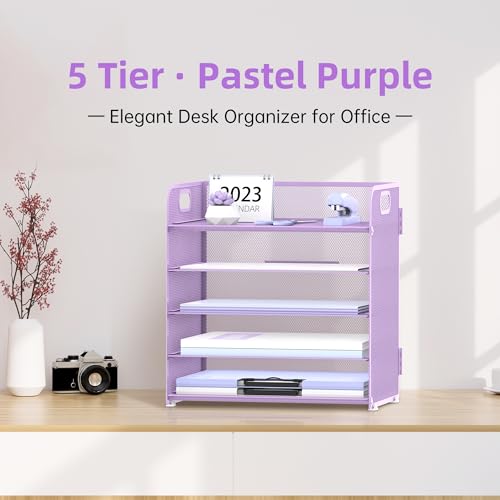 Supeasy 5 Trays Paper Organizer Letter Tray with Handle-Mesh Desk File Holders, Paper Sorter Desk Organizer for Office, Home, Classeoom or School, Purple - color: Purple