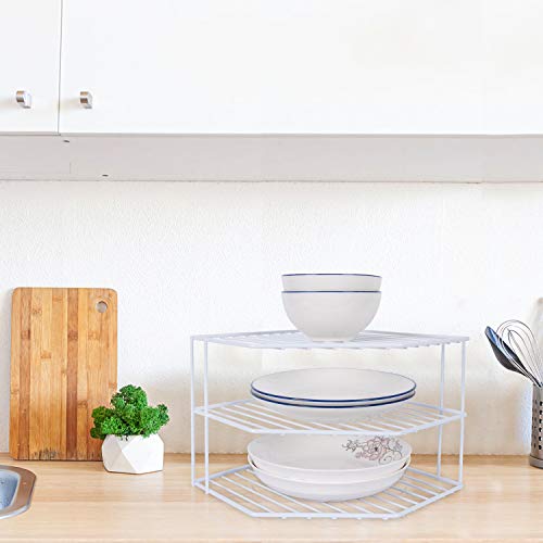 3-Tier Corner Shelf Counter and Cabinet Organizer - Steel Metal Wire - Rust Resistant - Plates, Dishes, Cabinet & Pantry Organizer - Kitchen Organization (10 x 7.5 Inch)(White) - color: White