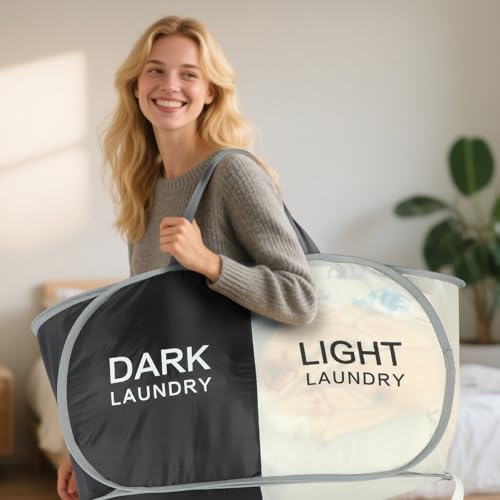 Seefoo Dual Compartment Laundry Hamper with Handles, Collapsible Laundry Baskets 2-Section, Dark/Light Labeled Storage Foldable Clothes Hamper for Laundry, Portable for Small Spaces, Apartment, Dorm - style: 2 Compartment B