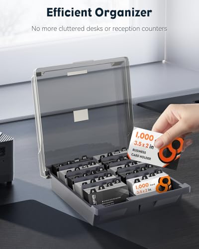 Uniclife Business Card Holder for Desk, Large Plastic Business Card Organizer Business Card Box with Lid Dividers & A-Z Index Tabs, Desktop Index Card Holder Name Card Storage Box, 1,000 Card Capacity - size: Large