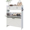 Viaozutis Shoe Cabinet with 2 Flip Drawers & 2 Storage Drawers, Space-Saving Shoe Storage Cabinet with Adjustable Shelf for Entryway or Hallway, Farmhouse Shoe Organizer Holds Up to 20 Pairs White
