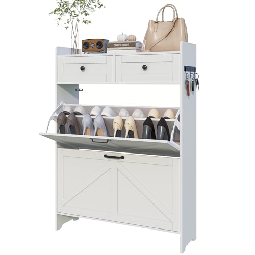 Viaozutis Shoe Cabinet with 2 Flip Drawers & 2 Storage Drawers, Space-Saving Shoe Storage Cabinet with Adjustable Shelf for Entryway or Hallway, Farmhouse Shoe Organizer Holds Up to 20 Pairs White