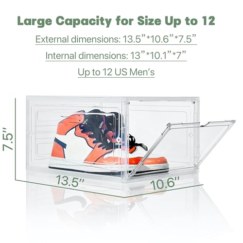 ZLLZUU Shoe Organizer Shoe Storage Boxes, 6 Pack Large Drop Front Shoe Boxes with Magnetic Door, Clear Plastic Stackable Shoe Containers (Clear White) - color: Clear, size: Large-6Pack