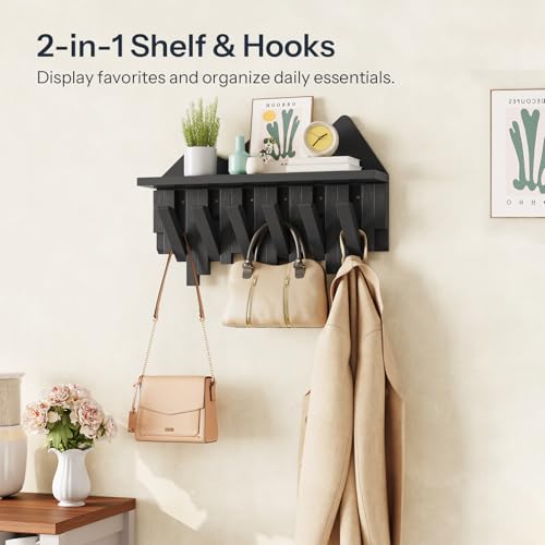 HOOBRO Wall Hooks with Shelf, Coat Rack with Shelf Wall-Mounted, Entryway Wall Key Holder, Hat Rack for Walls, Purse Hanger for Wall, Entryway Hanging Shelf with 6 Retractable Pegs, Black BK46YM01 - color: Black