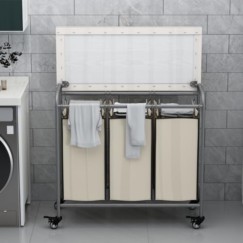 LINZINAR 3 Bag Laundry Basket Sorter Heavy Duty Rolling Lockable Wheels Laundry Hamper Cart with Ironing Board and Removable Bags, Beige - size: 3 Bags Beige with Board