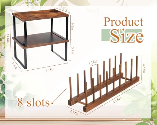 Marsui 4 Pcs Kitchen Organizer Accessories Set Cabinet Organizer Shelf and Bamboo Dish Drying Plate Rack Counter Shelves Storage Holder for Spice Rack, Dish, Pot Lid, Bowl, Cup(Deep Color) - color: Deep Color