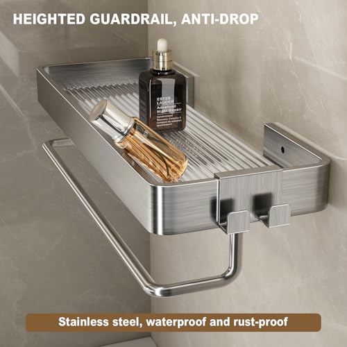 VOLPONE Stainless Steel Wall Mounted Bathroom Shelves - 2-Tier Floating Shelf with Removable Hooks (Brushed Nickel) - color: Brushed Nickel(rectangular)