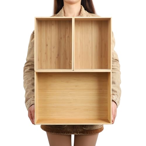 BAMOTTO CRAFTBAMBOO 3-Piece Large Bamboo Storage Box Set - 7.1in High Stackable Deep-Drawer Organizer, Lidless Bamboo Bin for Kitchen Cutlery Utensils Knives (14.6"x10.2"x7.1"*1 + 10.2"x7.3"x3"*2) - color: 3-Piece Bamboo Box Set - Large, size: 14.6"L x 10