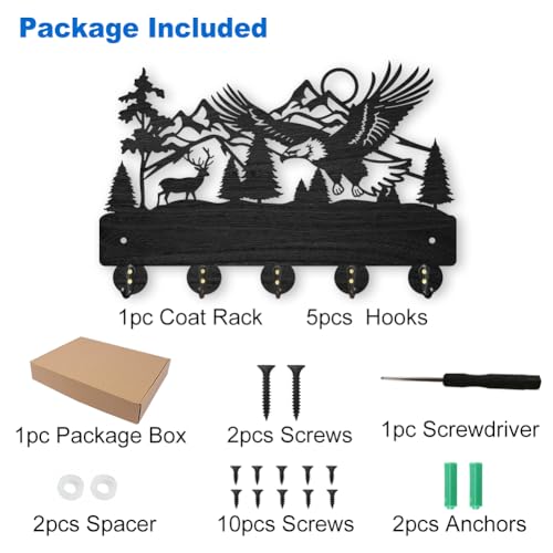 MAYJOYDIY Eagle Deer Forest Coat Hooks Wall Mounted 11.8×7.9inch Black Wooden Eagle Key Holder for Wall 5 Alloy Hooks Wall Art Decor Deer Hangers for Towel Key Kitchen Bedroom Entryway Gifts - color: Eagle