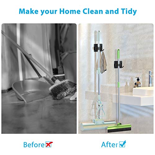 homeasy Mop Broom Holder No Drill, Mop Broom Organizer Wall Mounted Heavy Duty with Hooks Hanger, Self Adhesive Stainless Steel 4Pcs for Bathroom, Kitchen, Office (Black) - color: Black