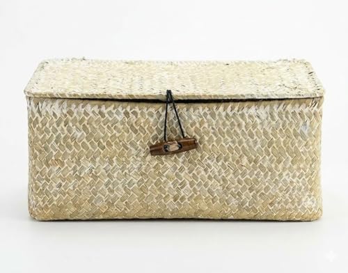 Nonam Small Basket with Lid, Natural Seagrass Bin with Lid, Shelf Baskets Multipurpose Container for Boho Decoration, Rectangular Household Storage Boxes for Home Organization-White - color: S-White