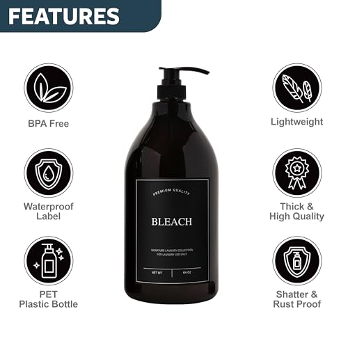 Calindiana Modern Farmhouse Bleach Liquid Laundry Detergent Dispenser for Laundry Room Decor and Organization, PET Plastic Landry Soap Containers with Water Resistant Label, Amber 64oz - color: Amber Bottle/Black Label, style: BLEACH