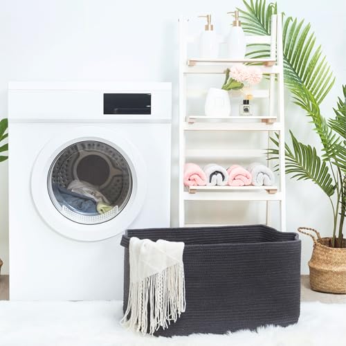 MINTWOOD Design 22in Extra Large Blanket Basket Holder Living Room, Rectangle Rope Woven Storage Basket with Handles for Laundry, Pool Towels, and Shoes, Dog Toy Organizer Bin Box, Charcoal - color: Charcoal Gray