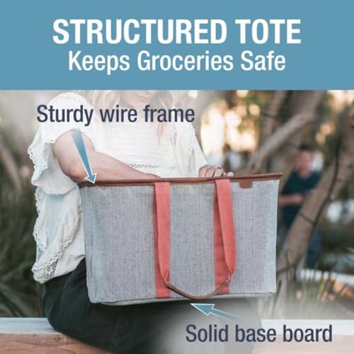 CleverMade Collapsible LUXE Tote - Reusable Grocery Shopping Storage Bag Organizer w/Handles Reinforced Bottom - color: Rose Herringbone