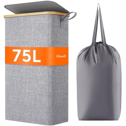 Lifewit 75L Slim Laundry Hamper with Lid, Narrow Laundry Basket with Removable Bag & Bamboo Handles, Fodable Thin Dirty Clothes Hamper for Laundry Collapsible Bin for Bathroom Bedroom Dorm, Gray - color: Gray, size: 75L