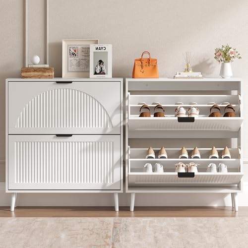 BORNOON Shoe Cabinet for Entryway with 2 Flip Drawers, Slim Wooden Shoe Storage Organizer with Modern Fluted Pannel，Freestanding Narrow Hidden Shoe Rack for Hallway, Foyer, Living Room - color: White, size: 2 Flip Drawers