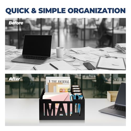Mail Organizer Countertop – Black Holder for Desk with 4 Slots & Label Tags, Decorative Desktop Sorter, Bill Storage and Envelope Tray for Organized Home Office Accessories (11x7x8 in) - color: Black, size: Medium