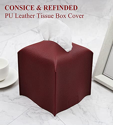 Livelab Tissue Box Cover Holder, Square Modern Decoration PU Leather Facial Tissues Case Roll Paper Dispenser for Bathroom Vanity Countertop, Night Stands, Office Desk Car 5X5X5'' | Wine Red - color: Wine Red