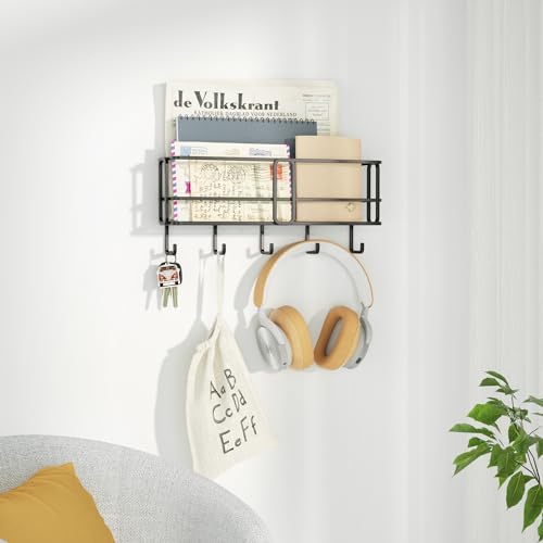 SRIWATANA Key Holder for Wall, Mail Organizer Wall Mount with Metal Storage Basket, Key Holder with 5 Hooks for Entryway, Office, Home Decor, Black - style: Large