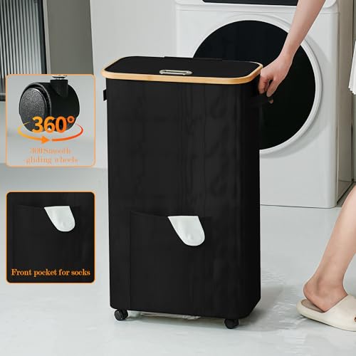 Laundry Basket with Wheels, Dirty Clothes Hamper on Wheels, Rolling Tall Laundry Hamper with lid for Laundry Room, Dorm and Bathroom, 75L Black - color: Black, size: 75L