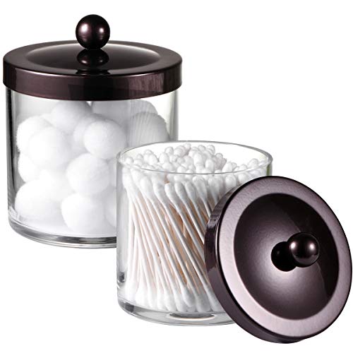 SheeChung 2-Pack Plastic Apothecary Jars with Bronze Metal Lids-25oz & 15oz Clear Acrylic Qtip Holder Set- Shatterproof Bathroom Vanity Organizer for Cotton Balls, Swabs-Modern Farmhouse Rustic Decor - color: Bronze, size: 25 oz & 15 oz