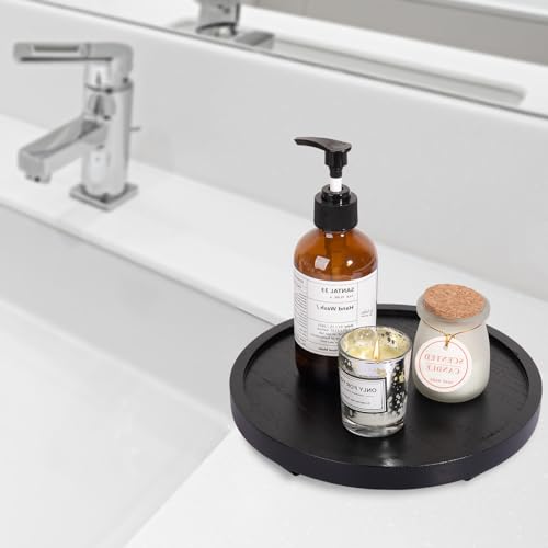 Round Decorative Tray Wood Bathroom Counter Organizer Farmhouse Kitchen Decor Wooden Riser for Soap Dish, Perfume, Candle, Sponge, 9" - Black - color: Black, size: 9"