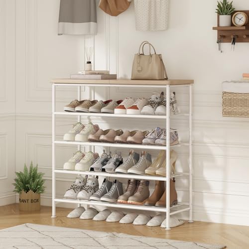 SUOERNUO Shoe Rack Organizer 5 Tier for Closet Entryway Free Standing Metal Storage Shoe Shelf with MDF Top Board，White+Oak - color: White+oak, size: Standard 5 Tier