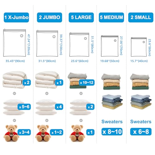 BoxLegend Vacuum Storage Bags with Large Hand Pump 15 Combo (1X-Jumbo, 2 Jumbo, 5 Large, 5 Medium, 2 Small) Thickened Vacuum Seal Bags for Clothing Pillow Comforters Bedding,1 Large Pump - size: 15 Combo