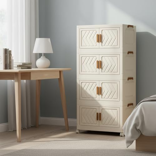 ETOYA 4-Tier Stackable Storage Bins with Lids, 23QT Stackable Closet Organizers and Storage with Wheels and Magnetic Doors, Foldable Plastic Storage Containers for Seasonal Clothes, Toys, Tools - color: White
